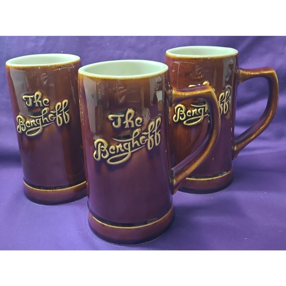 Vintage 1960's Hall Pottery "The Berghoff" Chicago Glazed Beer Mug Set of 3